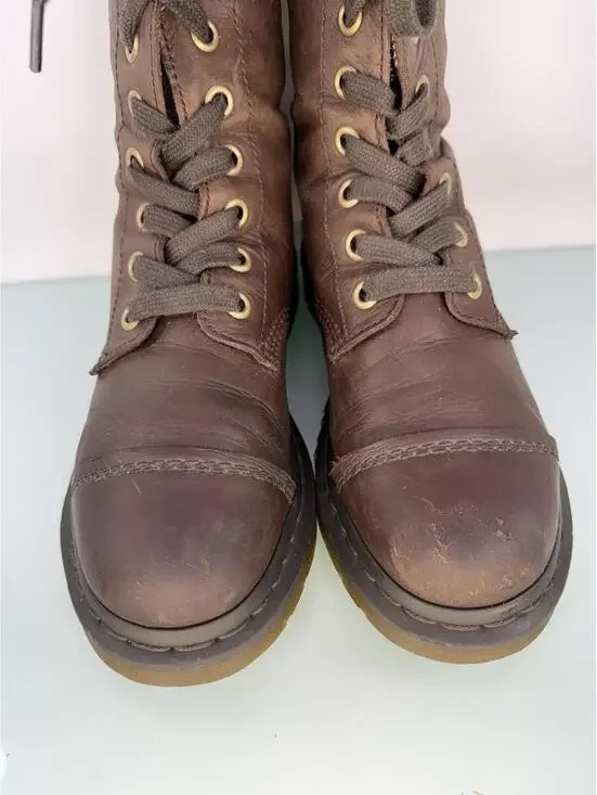 Dr Martens Aimilita W Sz 9 Brown Leather Fold Down Herringbone Tweed Lined Boots - Picture 4 of 9